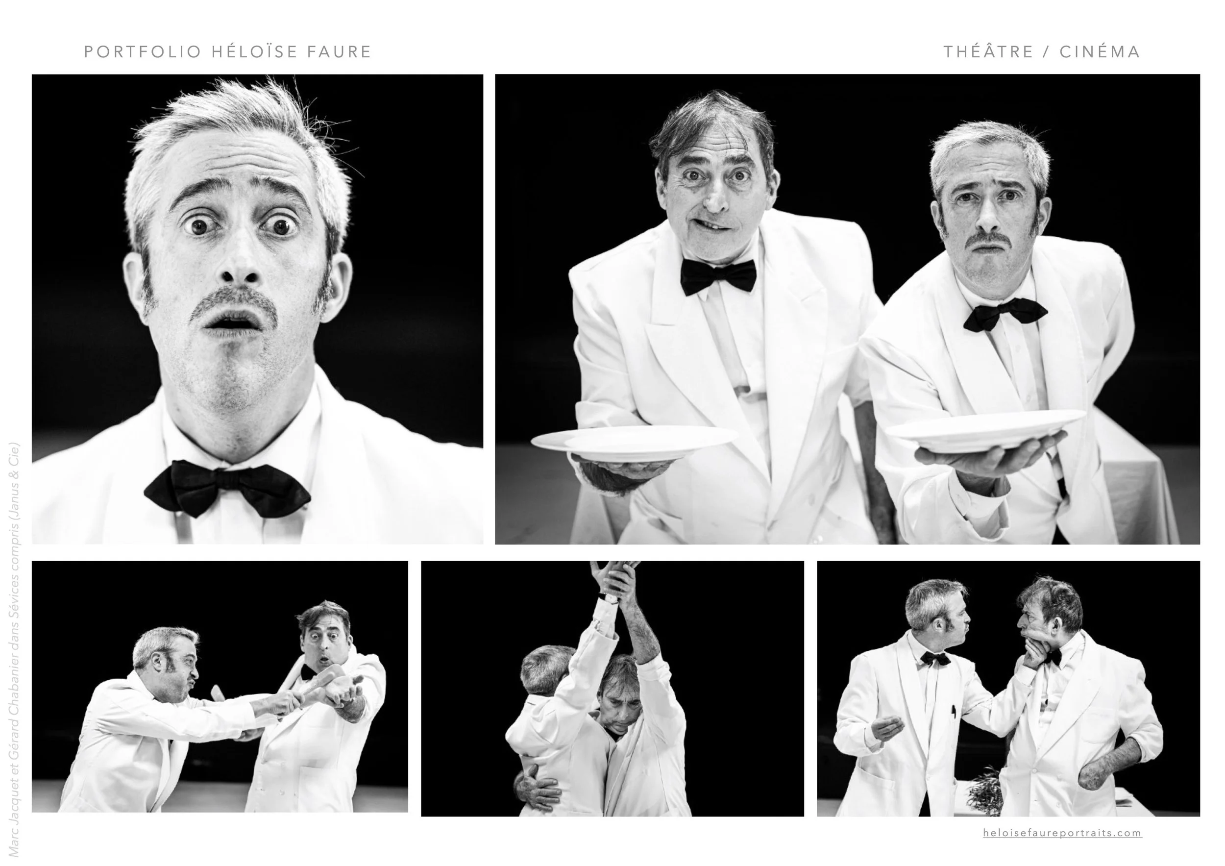 Black and white collage of five photos of two male performers in white tuxedos with black bow ties, acting in theatrical scenes against a dark background. Scenes include one man holding plates, two men arguing and one couple dancing.