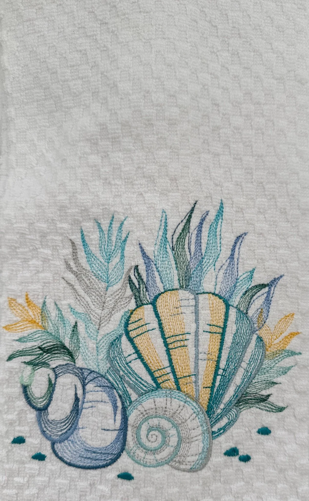 Hand Embroidered Seashell Towel – Coastal Beach House Bathroom & Kitchen Decor