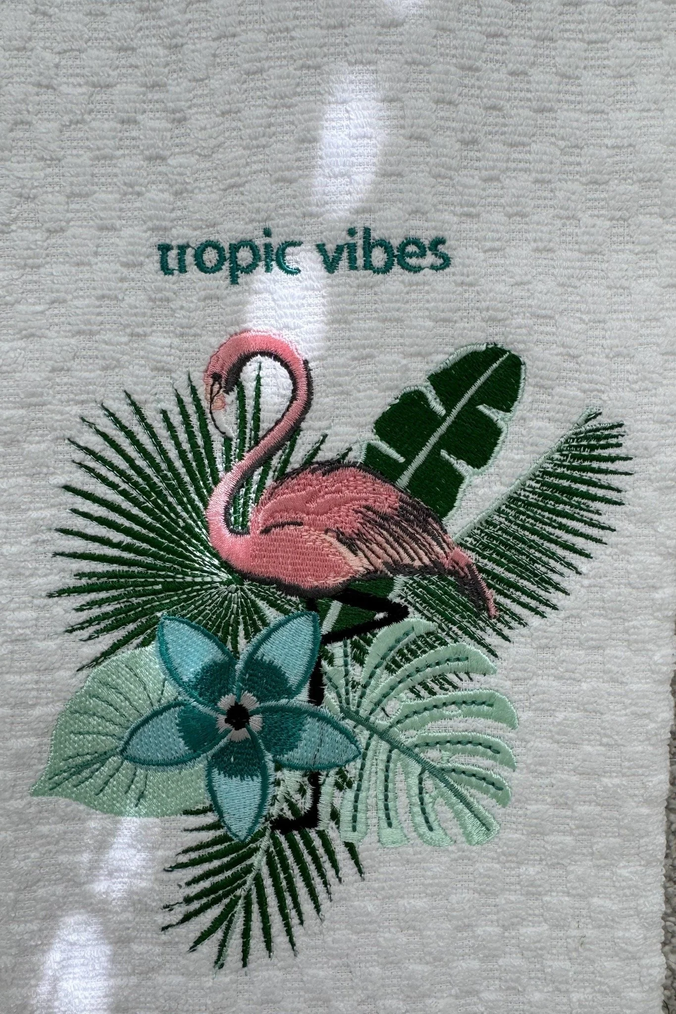 Hand Embroidered Flamingo “Tropic Vibes” Towel – Tropical Bathroom & Coastal Kitchen Decor