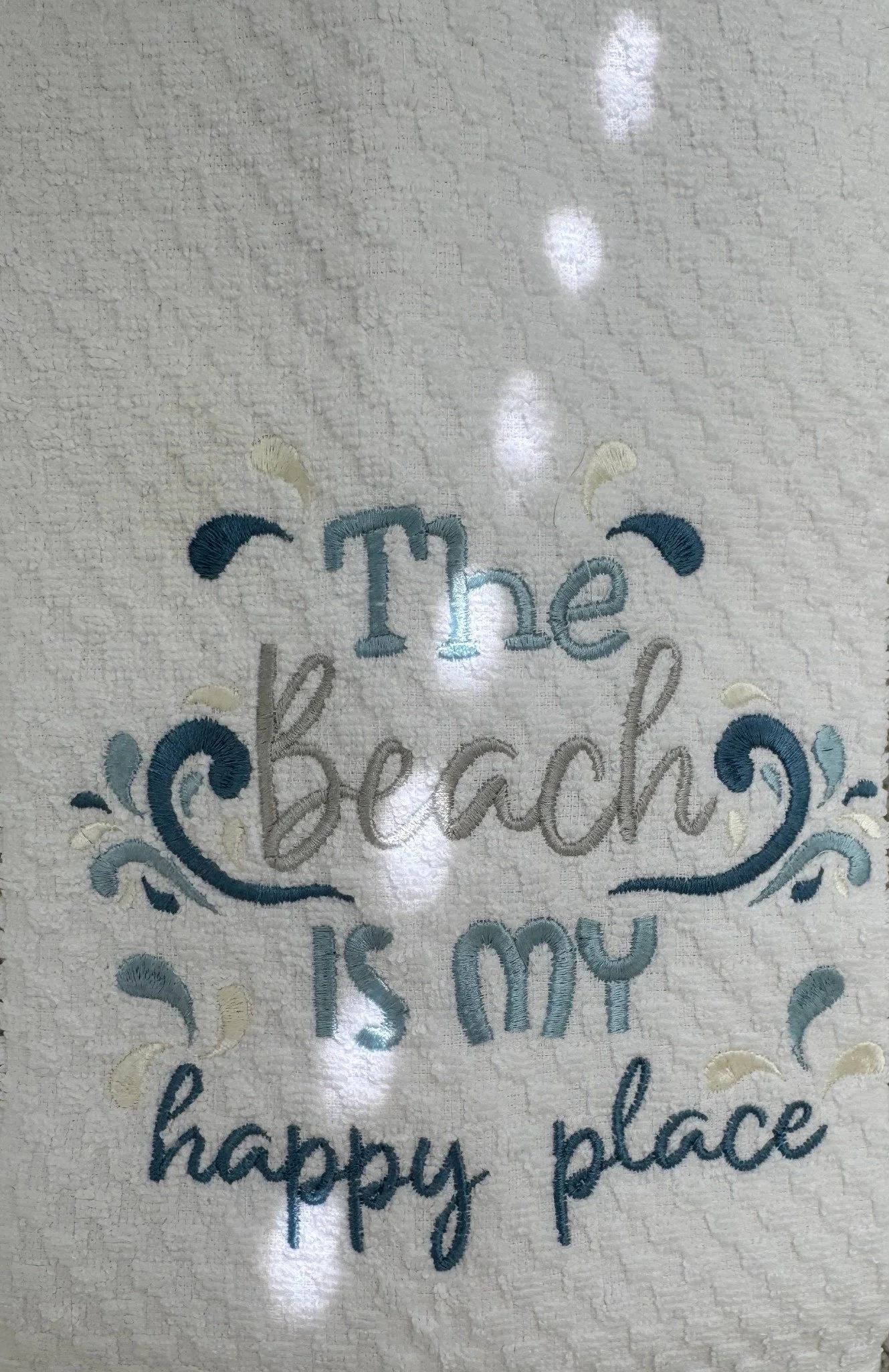 Hand Embroidered “The Beach Is My Happy Place” Towel – Coastal Bathroom & Beach House Kitchen Decor