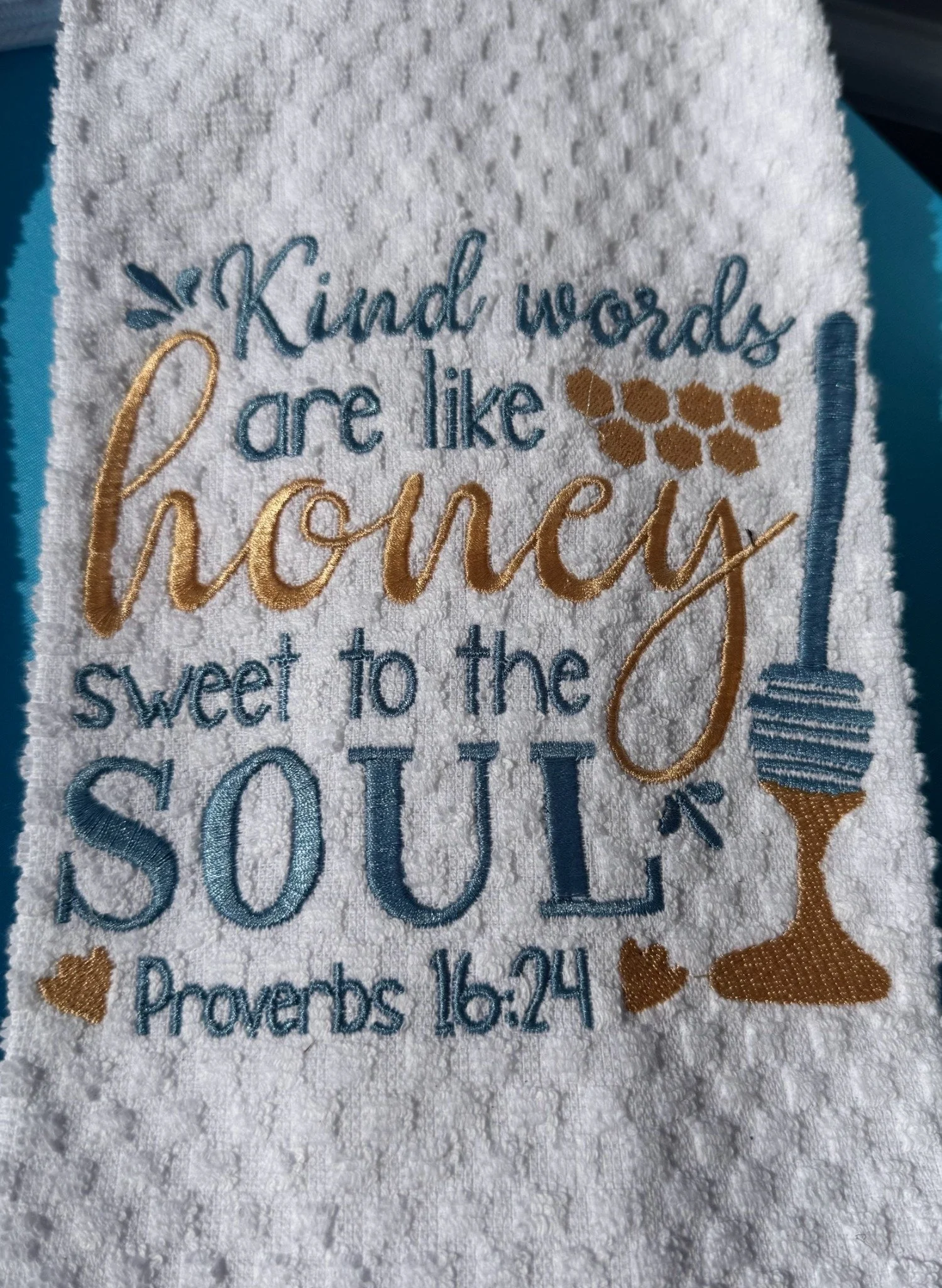 Hand Embroidered “Kind Words Are Like Honey” Towel – Christian Kitchen Decor (Proverbs 16:24)
