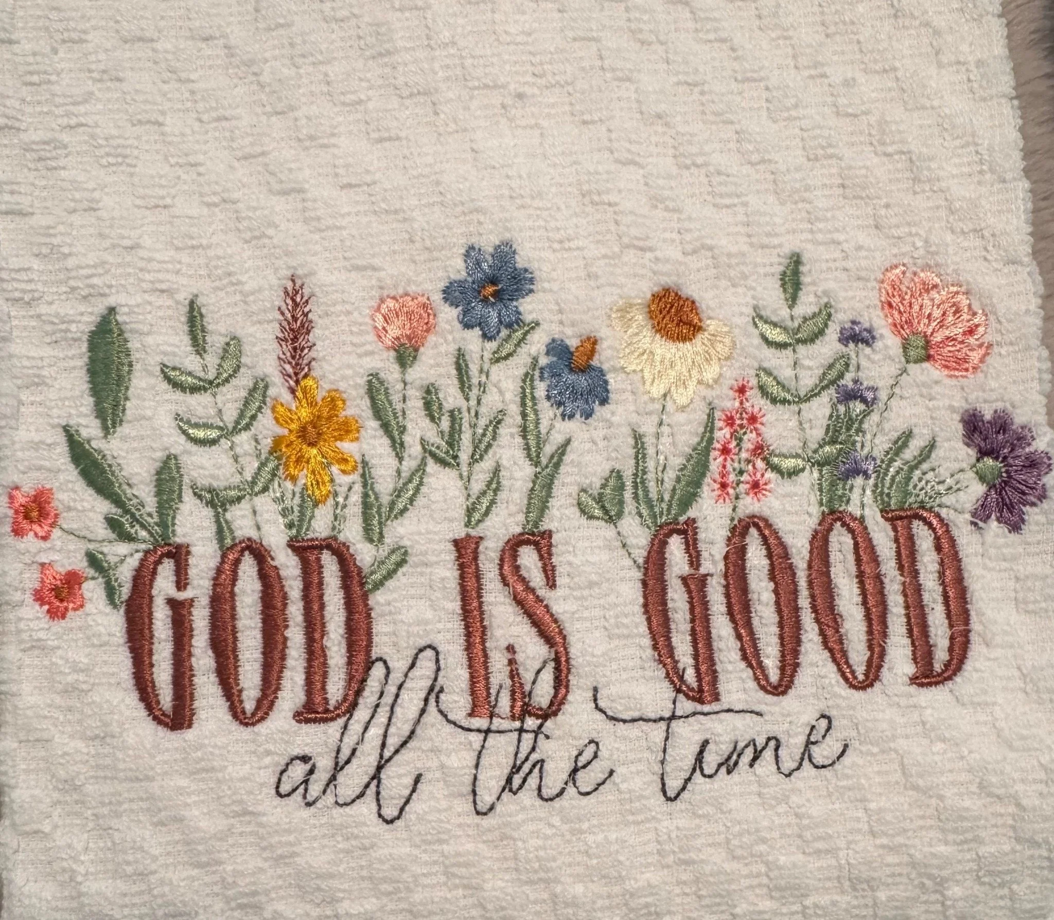 “God Is Good All the Time” Embroidered Towel – Christian Inspirational Kitchen Decor
