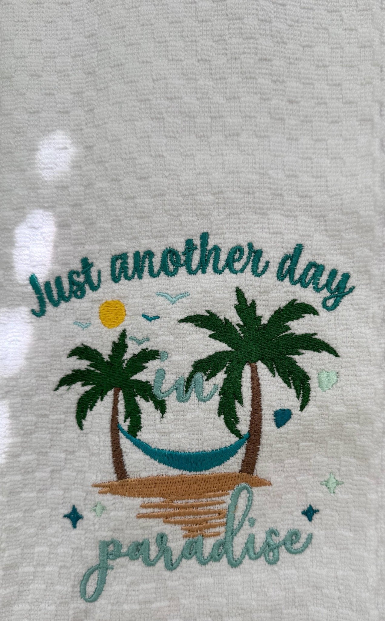 Hand Embroidered “Just Another Day in Paradise” Towel – Tropical Beach House Kitchen & Coastal Bathroom Decor