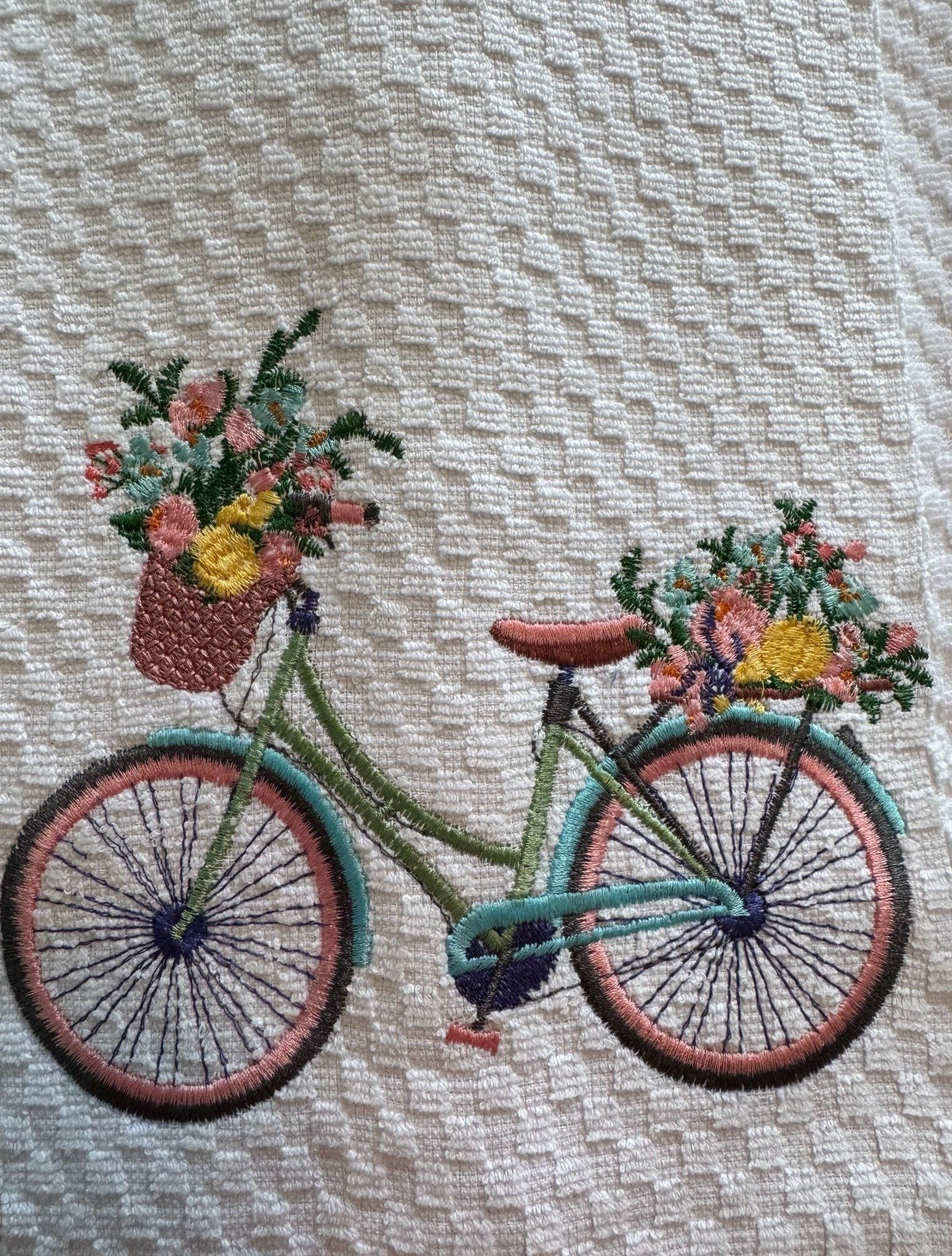 Hand Embroidered Floral Bicycle Towel – Cottage Kitchen Decor & Garden Home Accent