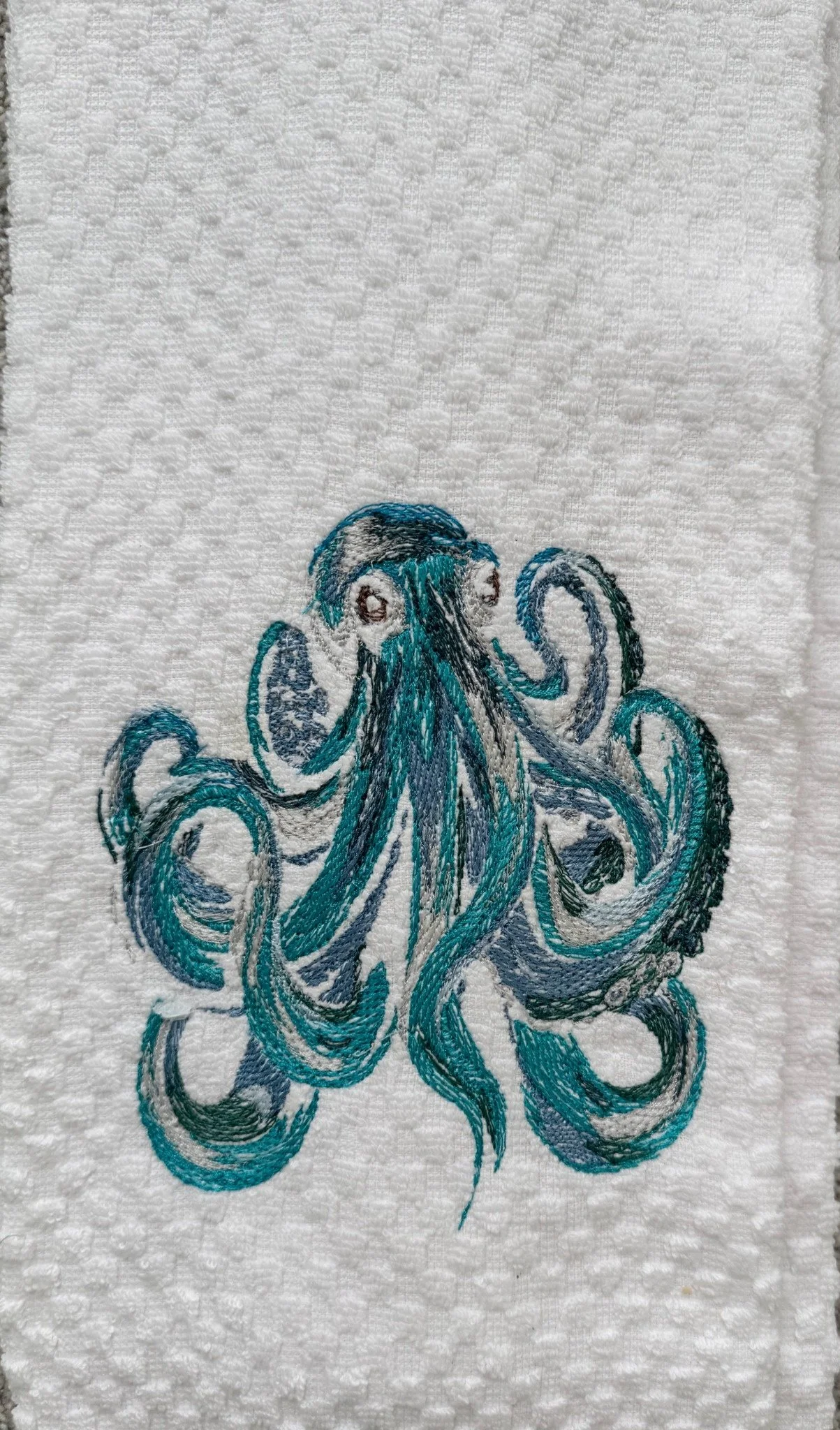 Hand Embroidered Octopus Towel – Coastal Ocean Kitchen & Beach House Bathroom Decor