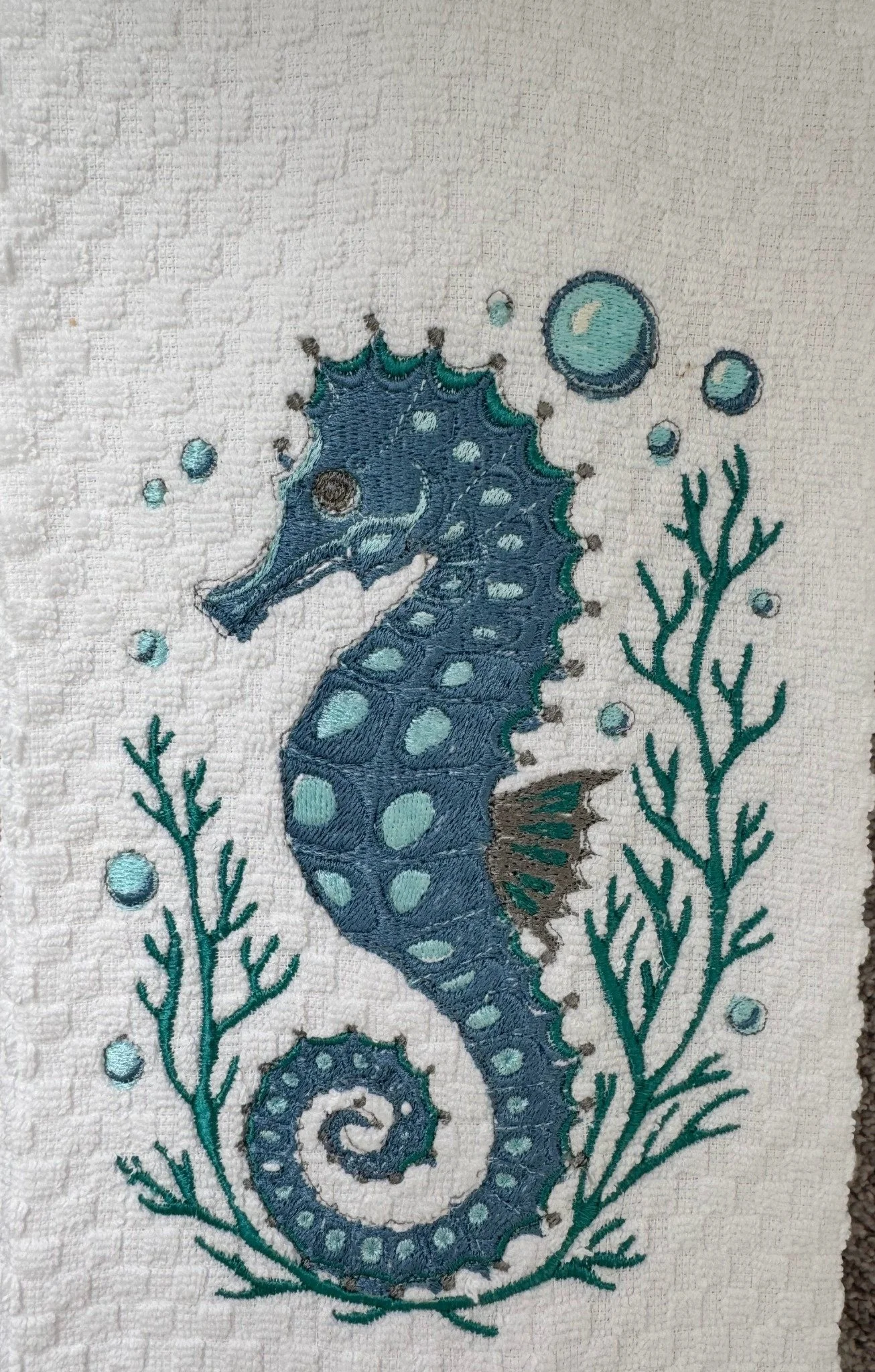 Hand Embroidered Seahorse Towel – Coastal Ocean Bathroom & Nautical Kitchen Decor