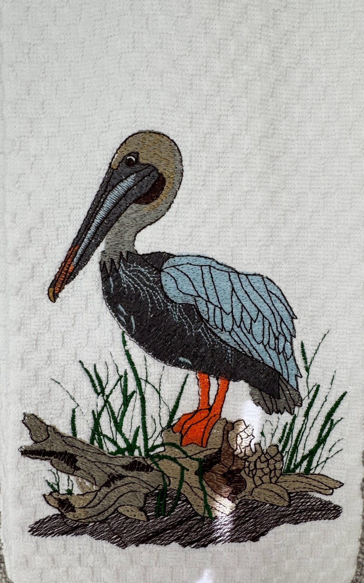 Hand Embroidered Pelican Towel – Coastal Bird Kitchen Decor & Nautical Bathroom Accent