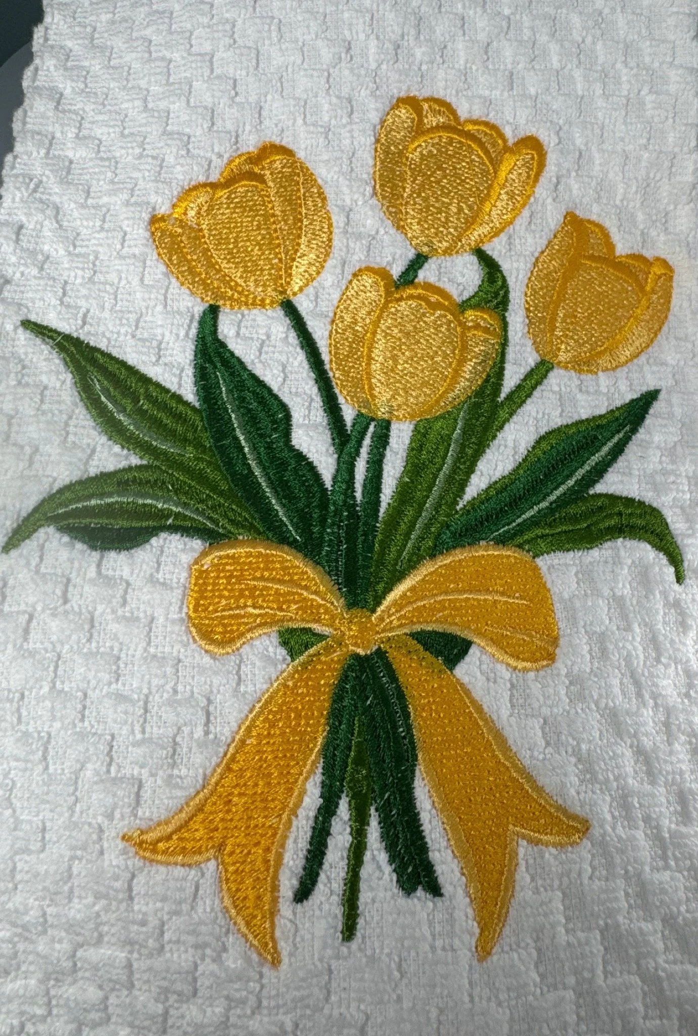 Hand Embroidered Yellow Tulip Bouquet Towel – Farmhouse Kitchen & Spring Floral Decor