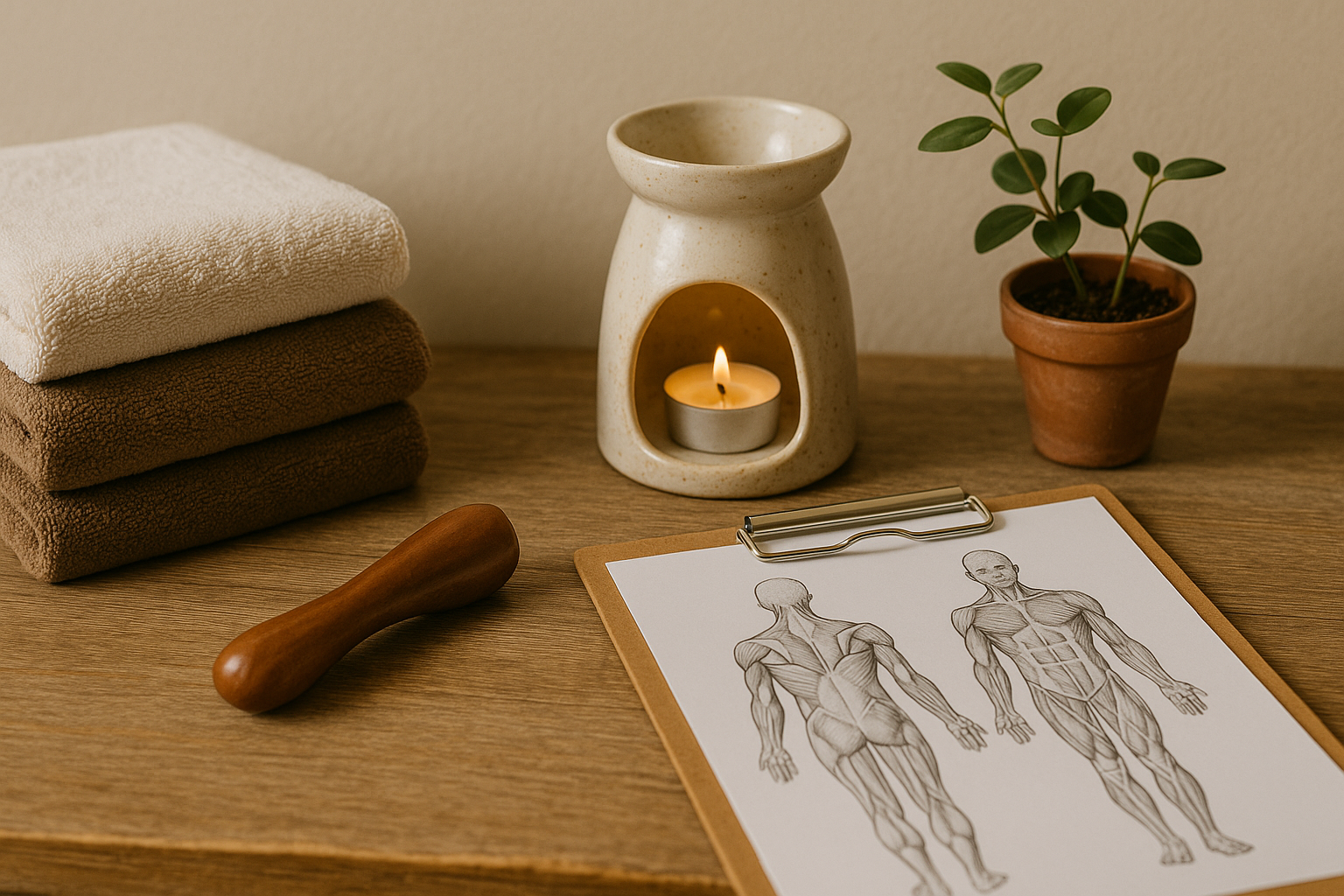 A massage therapy setup on a wooden table with folded towels, a massage tool, a clip with a diagram of human muscular anatomy, a ceramic candle holder with a lit tealight candle, and a potted plant.