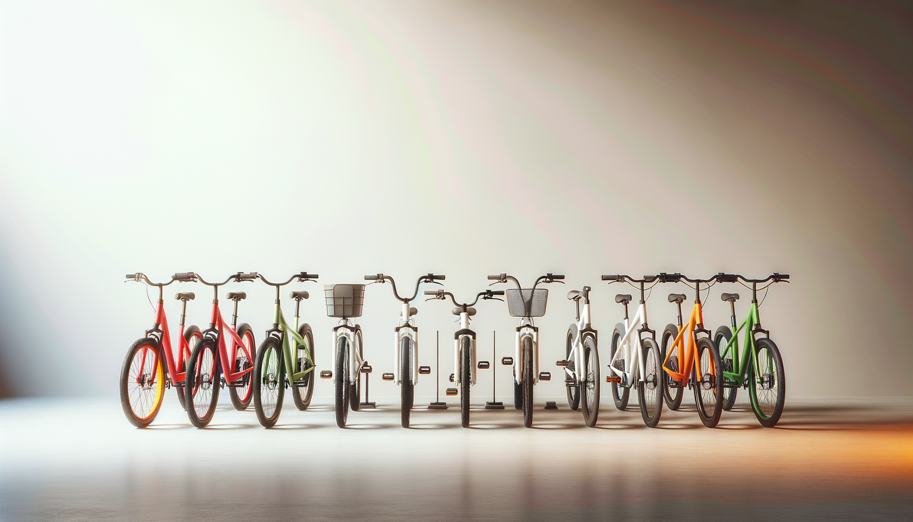 Line of nine colorful bicycles, including red, green, orange, and black, parked against a plain wall indoors.