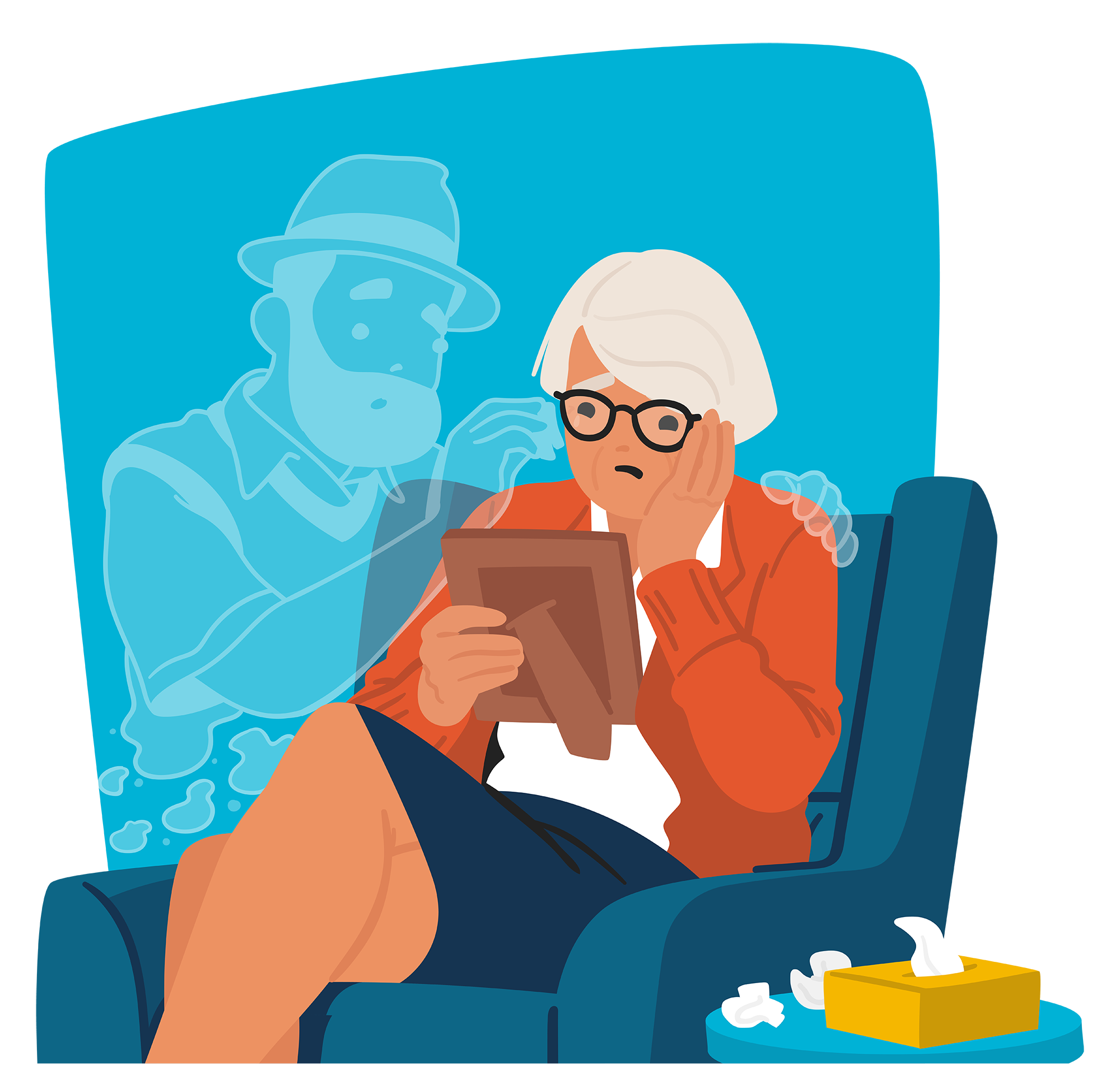 Illustration of a widowed senior after receiving her life insurance.