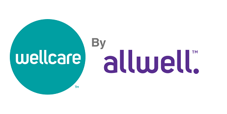 Wellcare by Allwell logo with teal circle and white text, purple Allwell logo with text