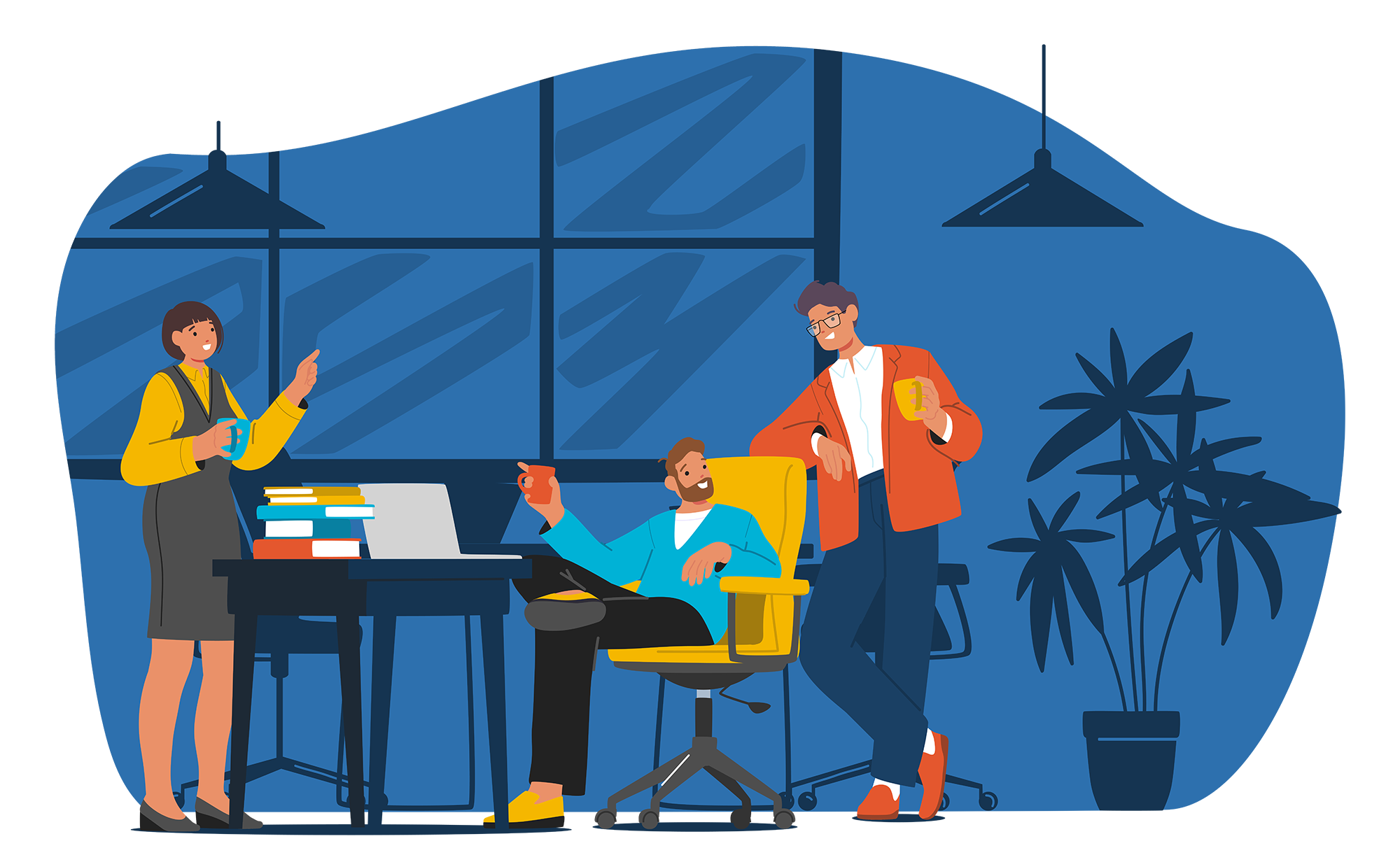 Employees discussing workplace group benefits.
