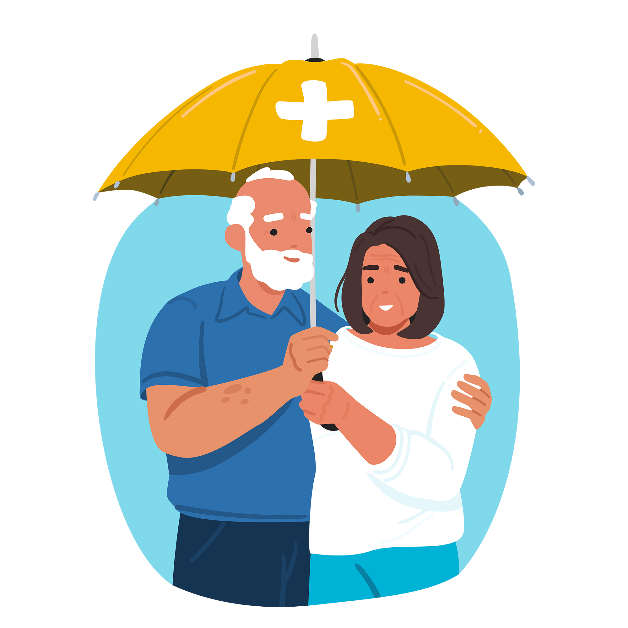 Couple protected by health coverage, shown as an umbrella with a medical cross.