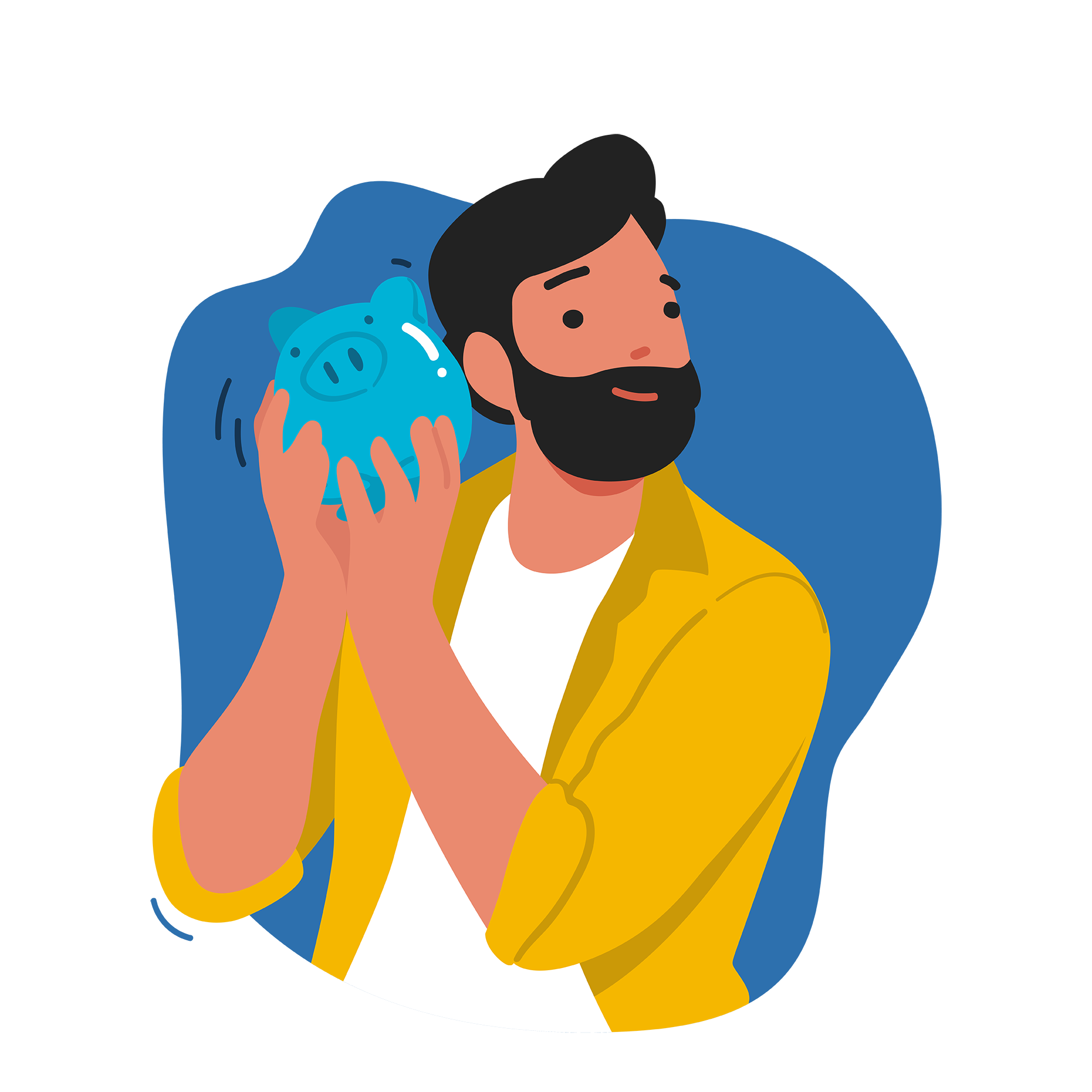 Illustration of a man with a beard holding a blue piggy bank to his ear, wearing a yellow jacket and a white shirt, with a puzzled expression.