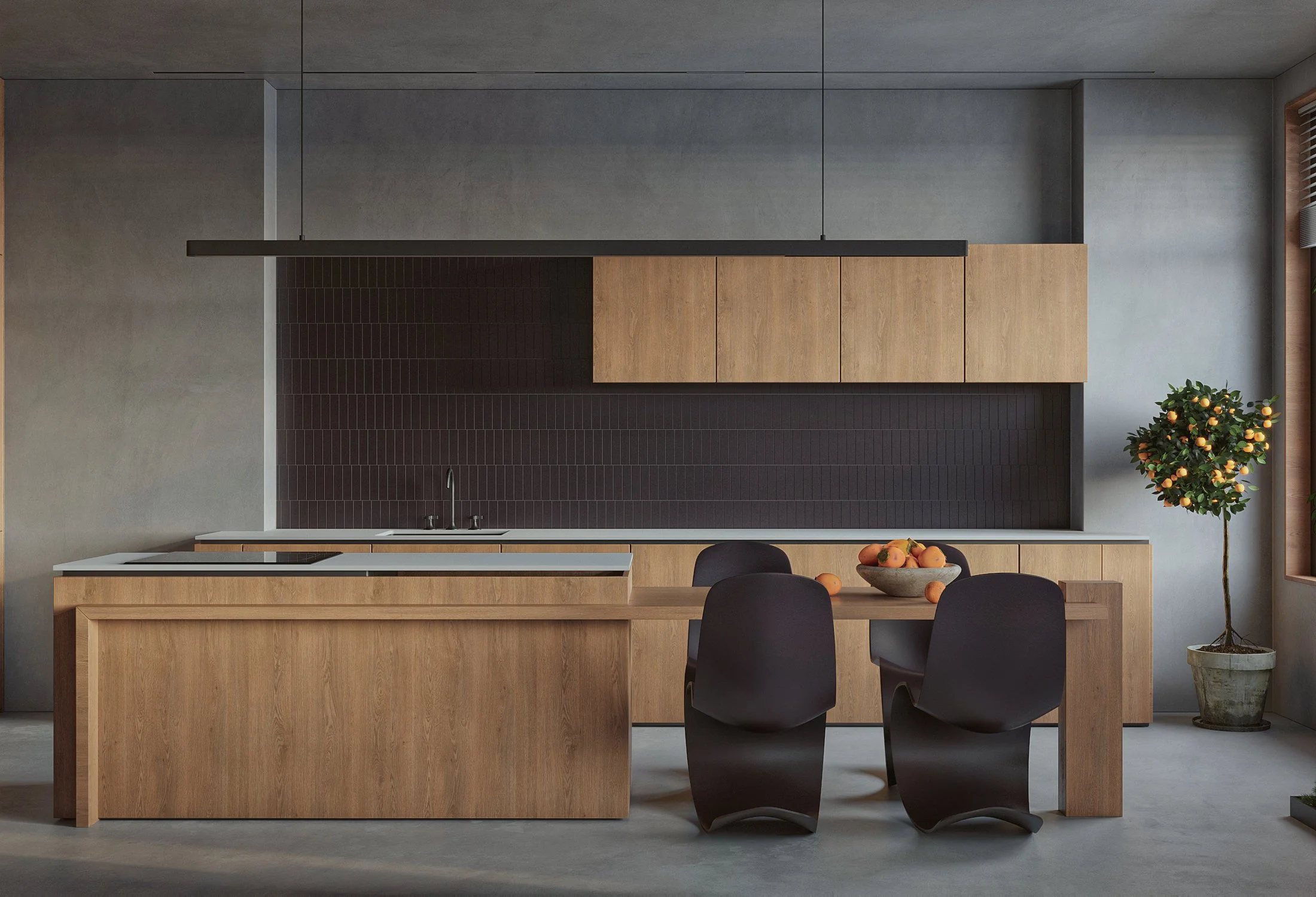 Modern kitchen with wooden cabinets, black tiled backsplash, white countertop, black chairs around a wooden dining table, and a potted lemon tree in the corner.