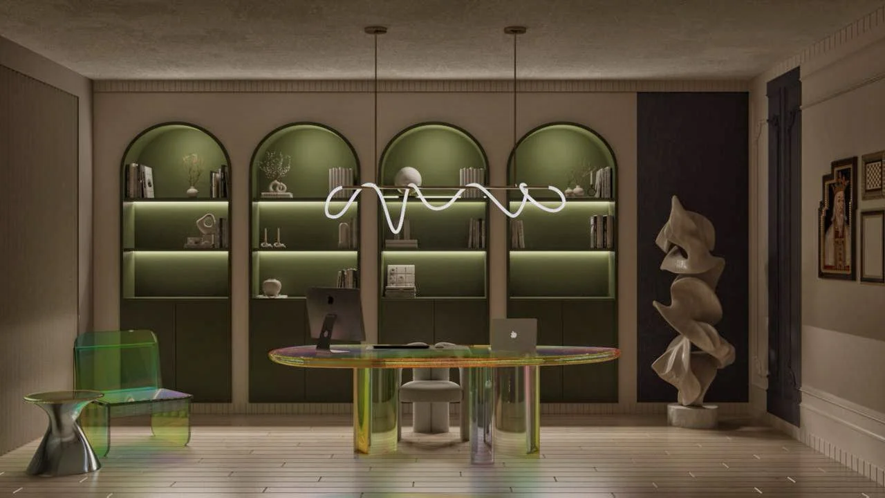 A modern office with a green bookshelf, a desk with a computer and laptop, a transparent green chair, a spiral-shaped pendant light, and a sculpture on the right side.