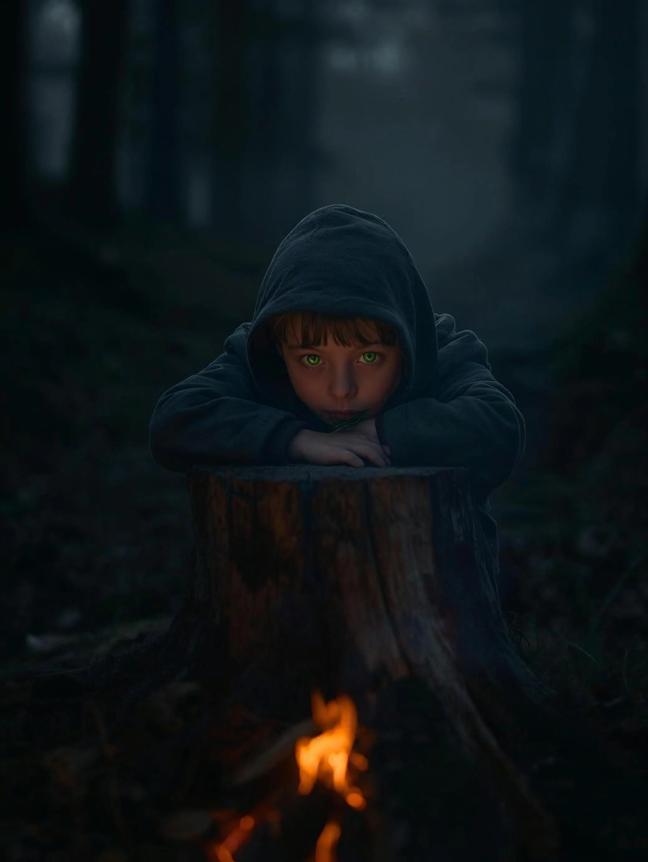 A young boy with green eyes wearing a dark hoodie, leaning on a tree stump in a dark forest at night, with a small fire burning at the base of the stump.