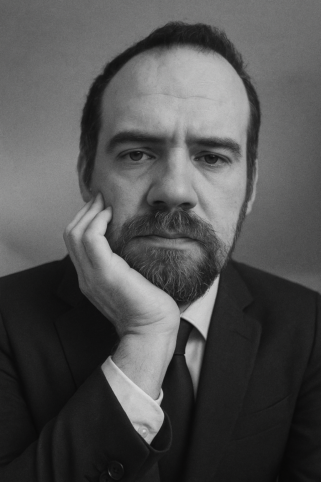 Black and white portrait of a man with a beard, wearing a suit, resting his chin on his hand, looking directly at the camera with a serious expression.