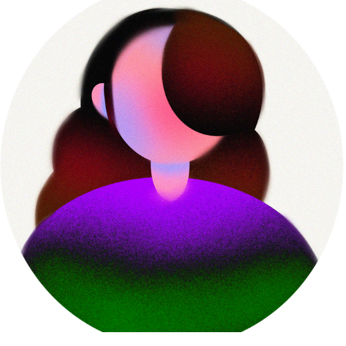 A stylized digital illustration of a person with a round face, dark hair, and a purple and green gradient surface in front of them, with pink and purple lighting effects.