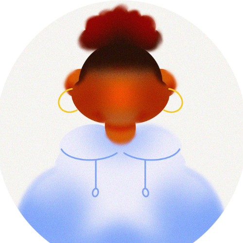 A stylized drawing of a person with a bun hairstyle, large hoop earrings, and a hoodie, viewed from behind.