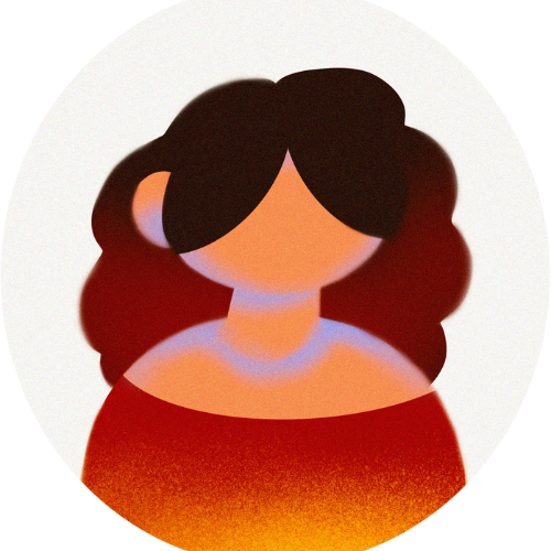 Illustration of a woman with long dark hair, wearing a red top, with a neutral expression and no facial features.