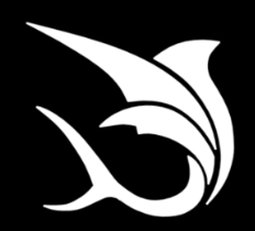 A white abstract design on a black background resembling a stylized fish or aquatic creature.