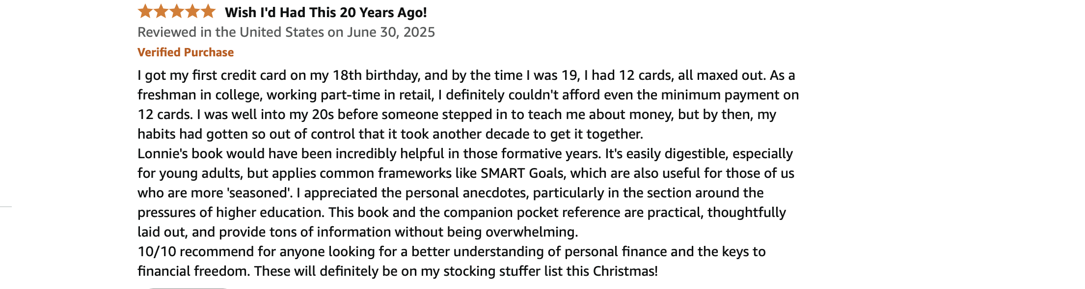 Product review for a book about personal finance, with five-star rating, reviewer sharing positive feedback and recommendations.