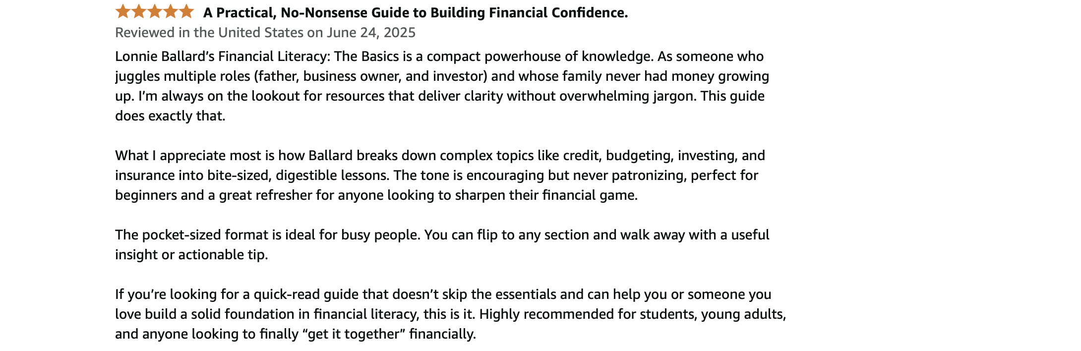 Book review highlighting 'A Practical, No-Nonsense Guide to Building Financial Confidence' with five-star ratings, reviewer comments, and praises for its clarity, concise lessons, and portable format.