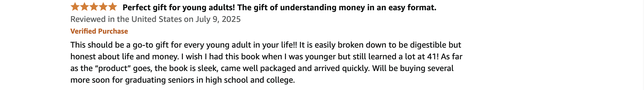 Product review for a book about money and life, showing a 5-star rating, review date, purchase verification badge, and a positive testimonial about the book's helpfulness and packaging.