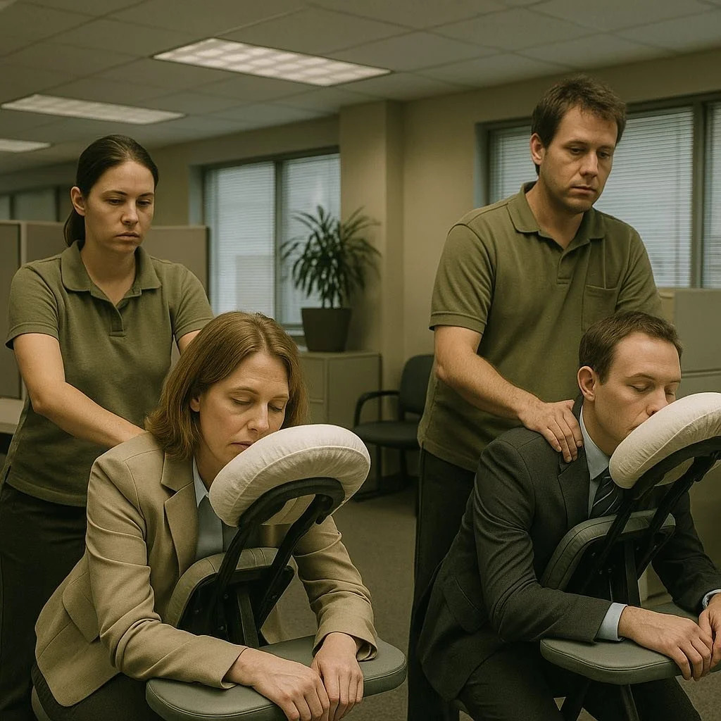 Four people in an office, two receiving chair massages while two others stand behind them, one female and one male, all with serious expressions.