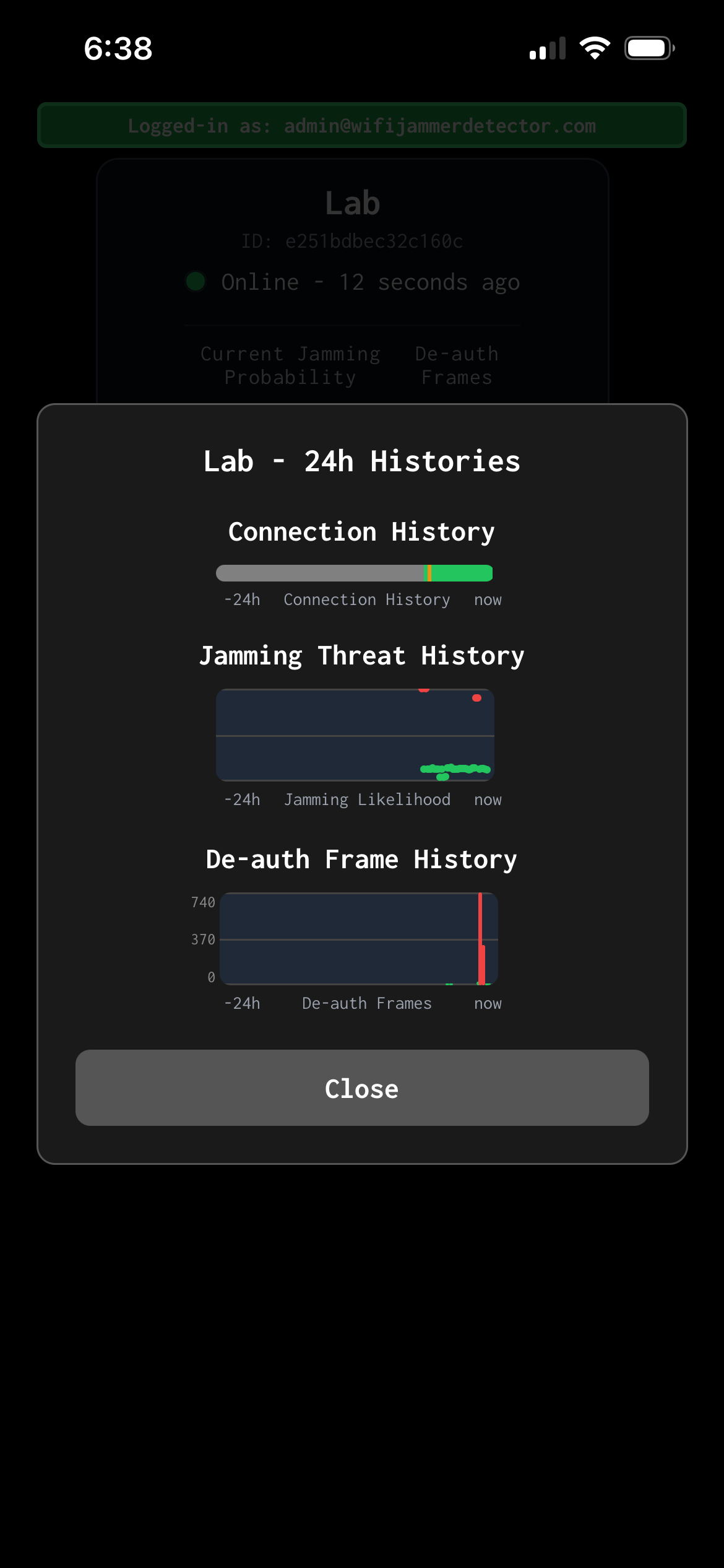 Screenshot of app showing various historical metrics
