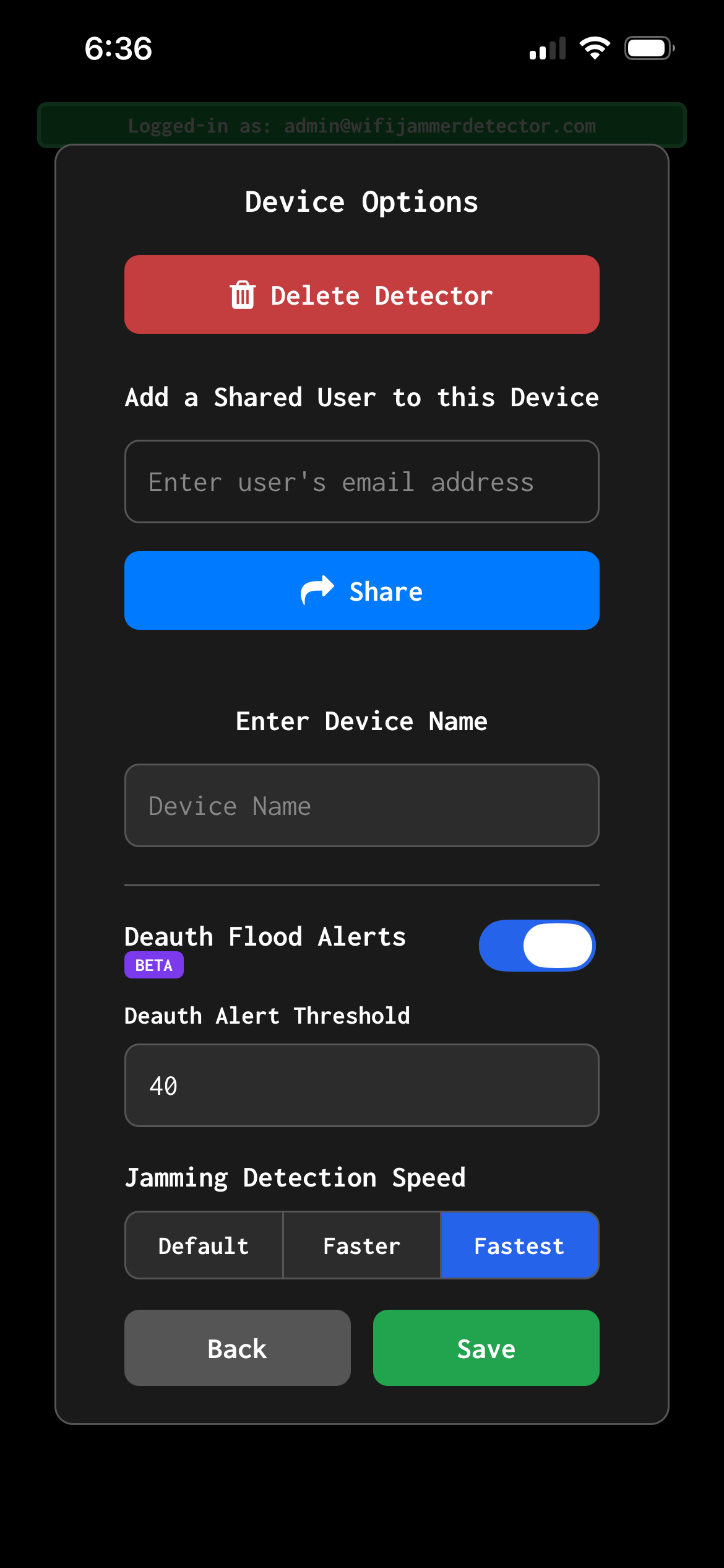 Mobile app displaying device options, including delete device, add shared user, share device, enter device name, and save or back buttons.