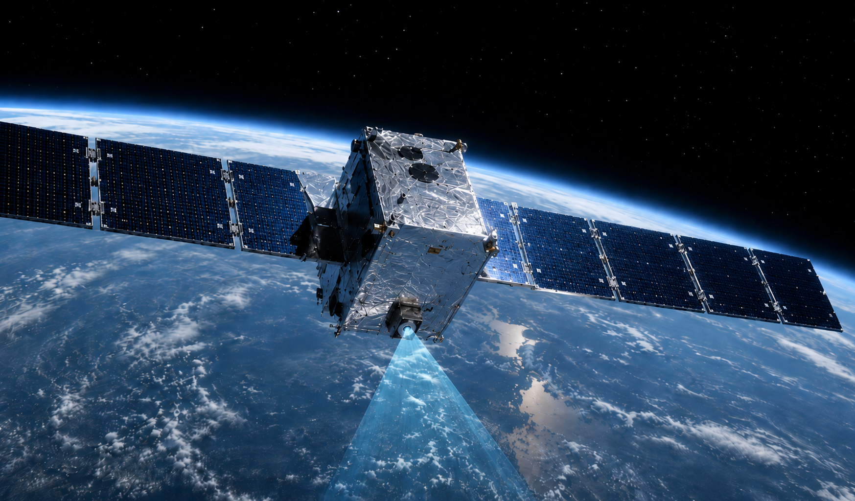 A satellite orbiting Earth with solar panels, emitting a laser beam towards the planet.