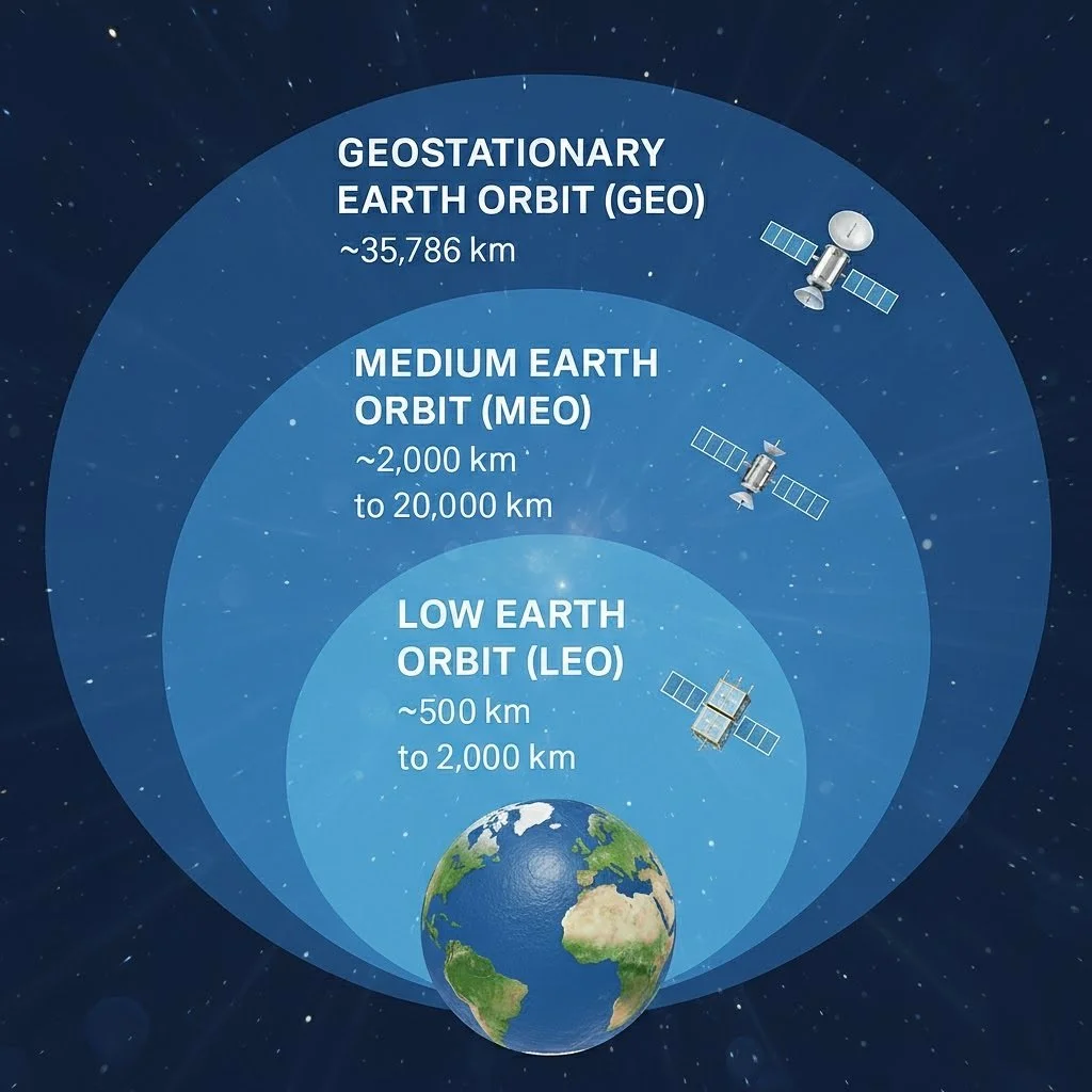 Diagram showing three types of Earth orbits and their altitudes: Low Earth Orbit (LEO) ranging from 500 km to 2,000 km, Medium Earth Orbit (MEO) from approximately 2,000 km to 20,000 km, and Geostationary Earth Orbit (GEO) at about 35,786 km, with illustrations of satellites in each orbit.