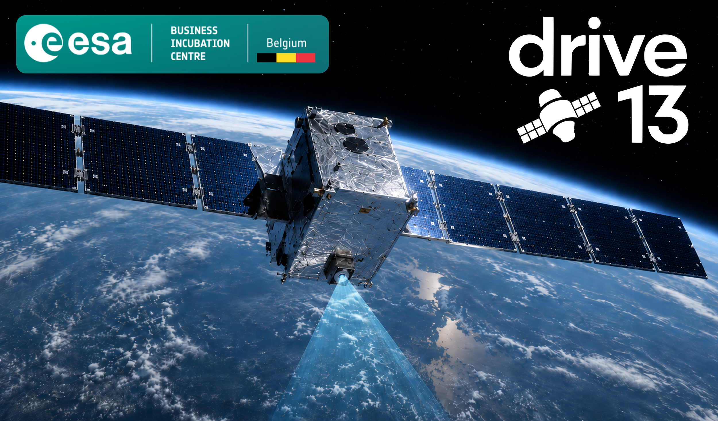 A satellite orbiting Earth with Solar panels extended, displaying the ESA Belgium Business Incubation