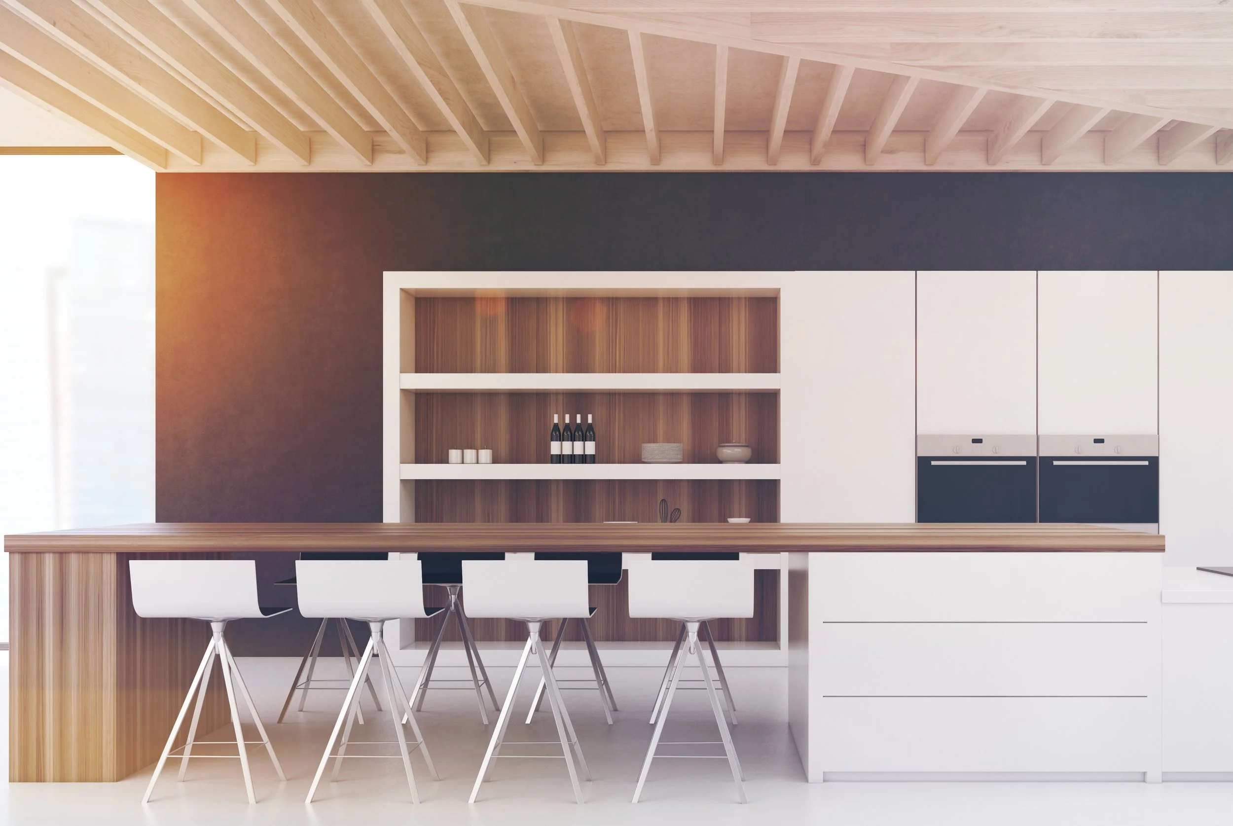 Dining table and shelving in natural wood