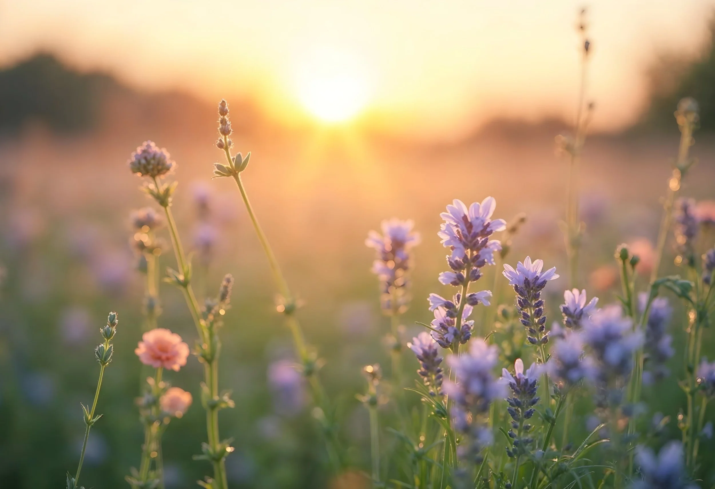 Lavender flowers in a field during sunset with a blurred background.