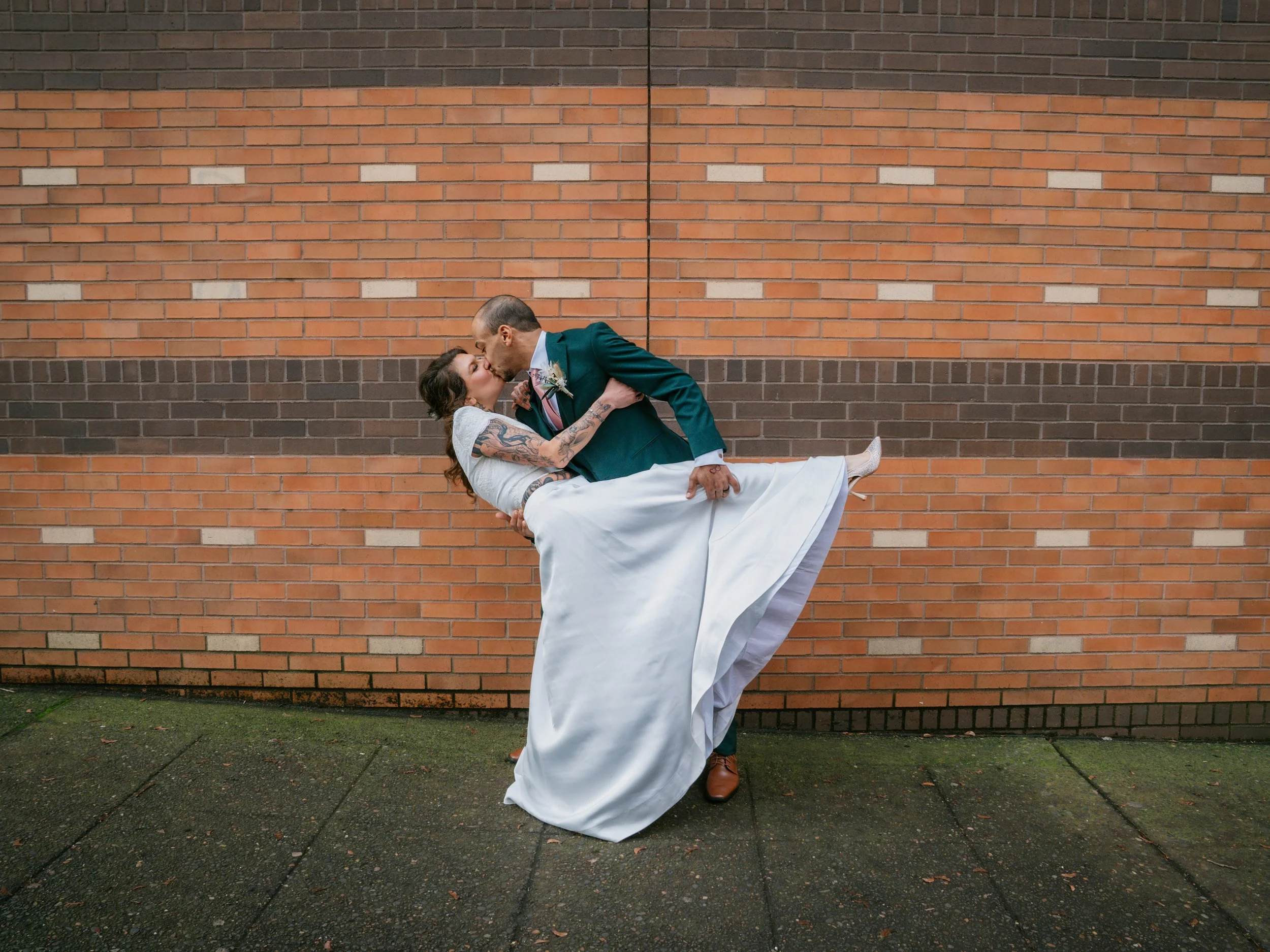 Wedding photograph of a bride and groom in downtown Portland