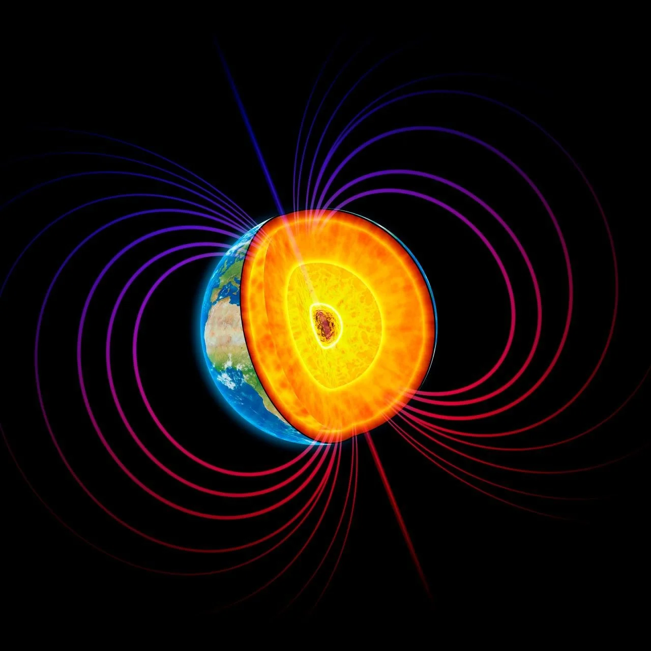 An image of Earth and its molten core, surrounded by magnetic field lines.