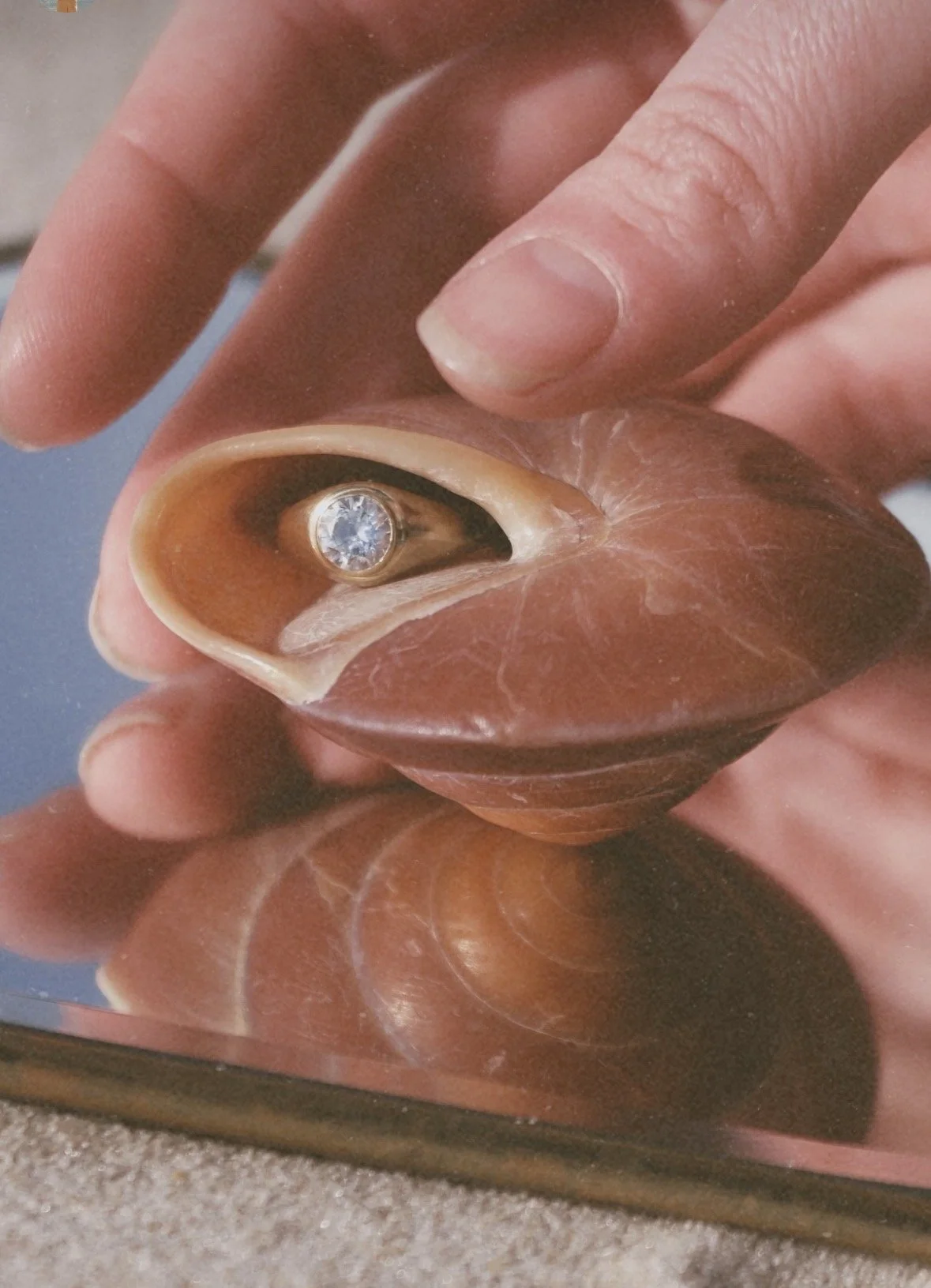 Close-up of a person's hand holding a seashell with a shiny, round gem inside, reflected on a mirror surface.