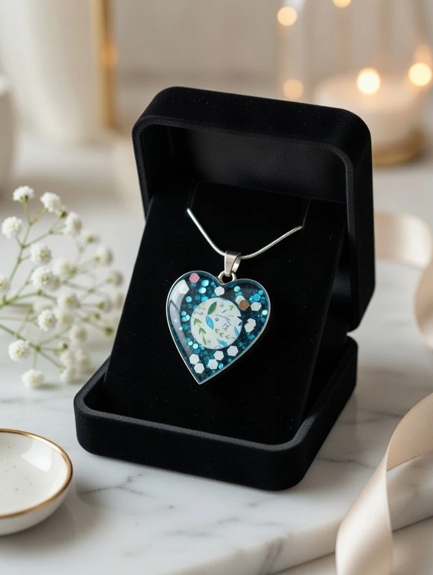 Midnight Bloom Heart Pendant – Handcrafted Resin Necklace