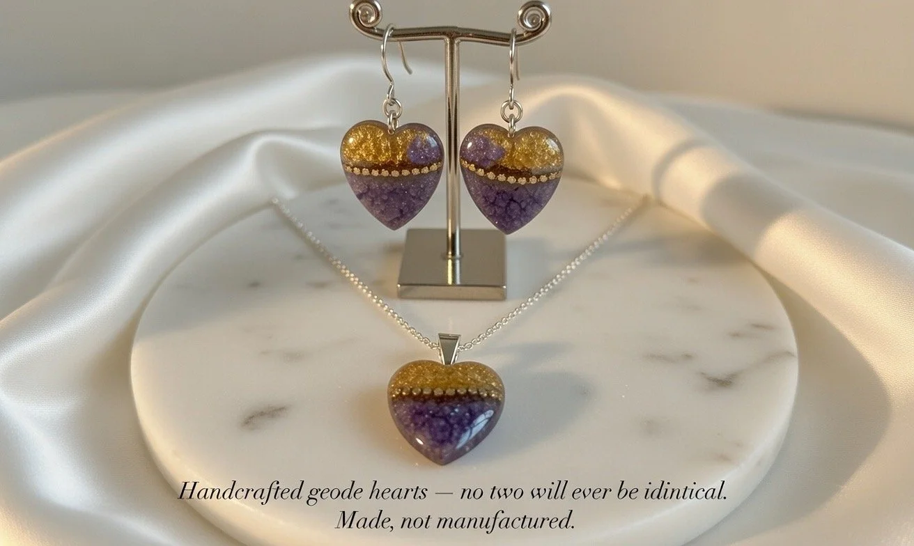 Geode Heart Set | Handmade Purple & Gold Resin Necklace & Dangle Earrings
