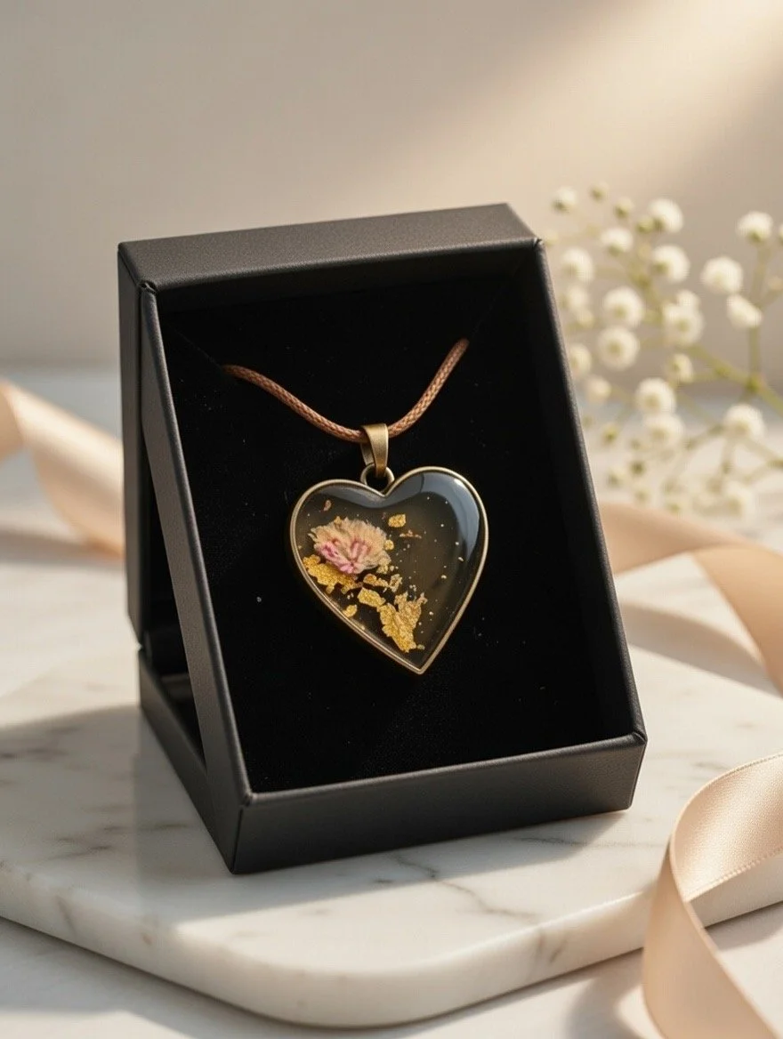 Golden Garden Heart Pendant – Botanical Resin Necklace (Artisan Collection)