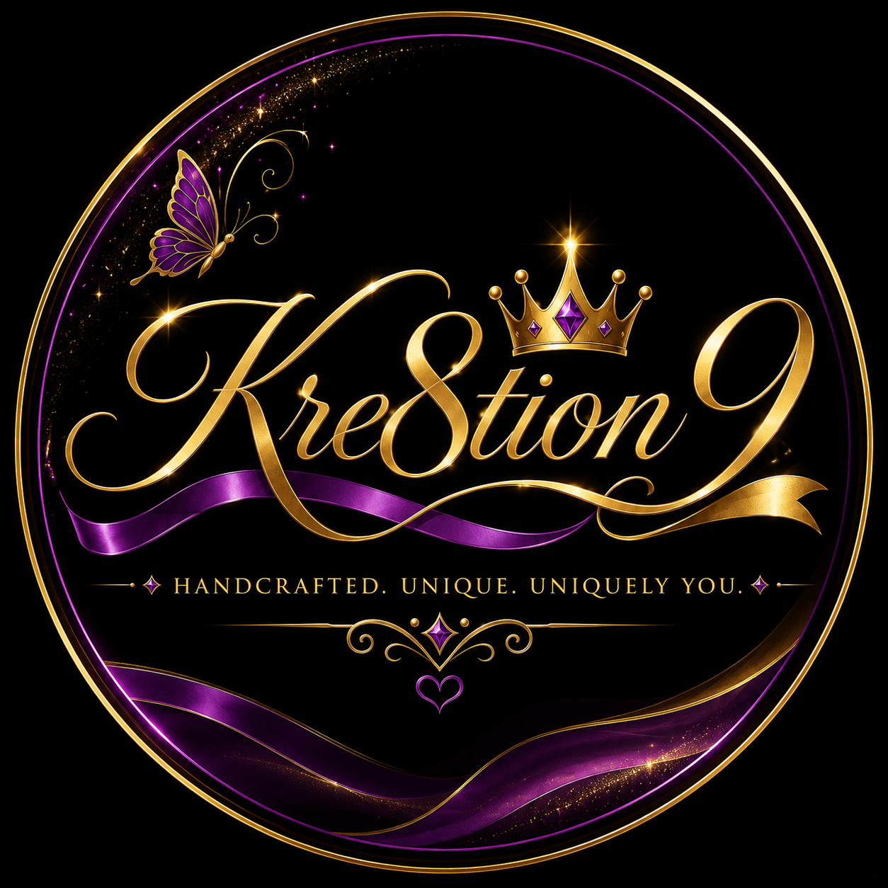 Logo for Kre8tion 9 featuring a gold crown, purple butterfly, and decorative purple and gold ribbons with the text 'Handcrafted. Unique. Uniquely You.'