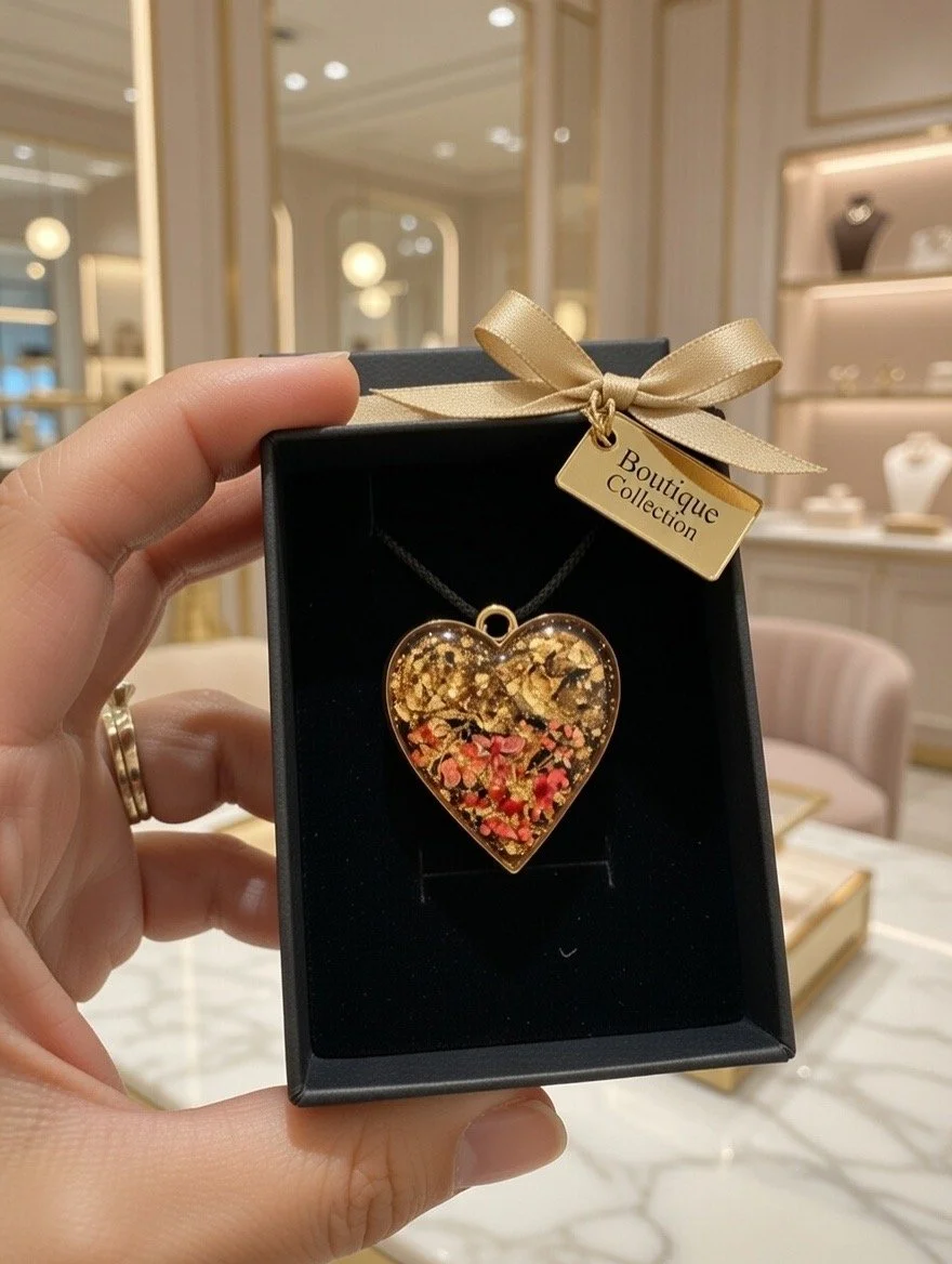 Royal Ember Heart Pendant – Luxury Botanical Resin Necklace