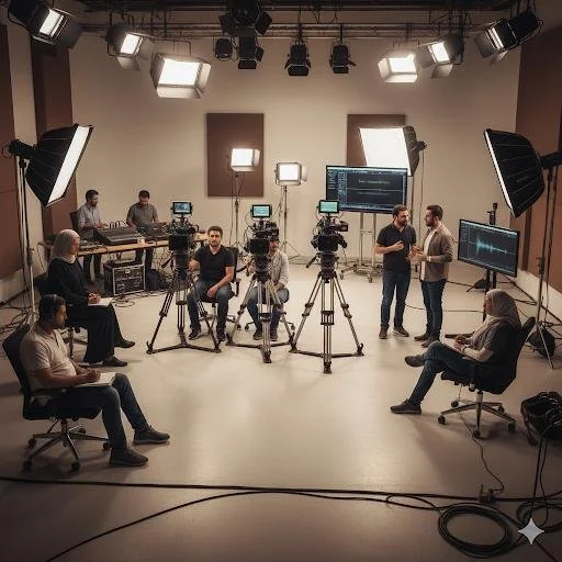 A behind-the-scenes photo of a video production studio with cameras, lights, and crew members preparing for filming.