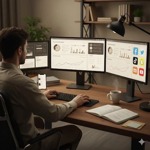 Man working at a desk with three computer monitors displaying analytics and social media icons, with a desk lamp, coffee mug, notebook, and smartphone nearby.