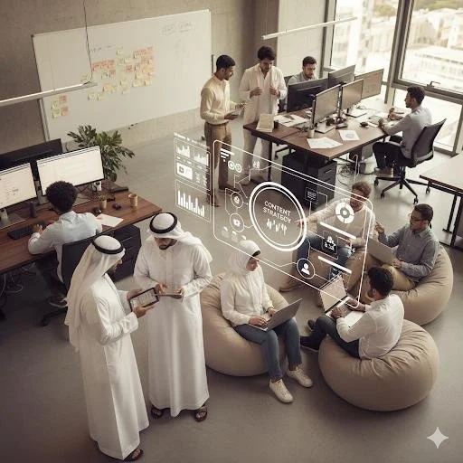 A diverse group of professionals collaborating in a modern office, with some working at desks, others discussing, and a digital overlay of a content strategy interface.