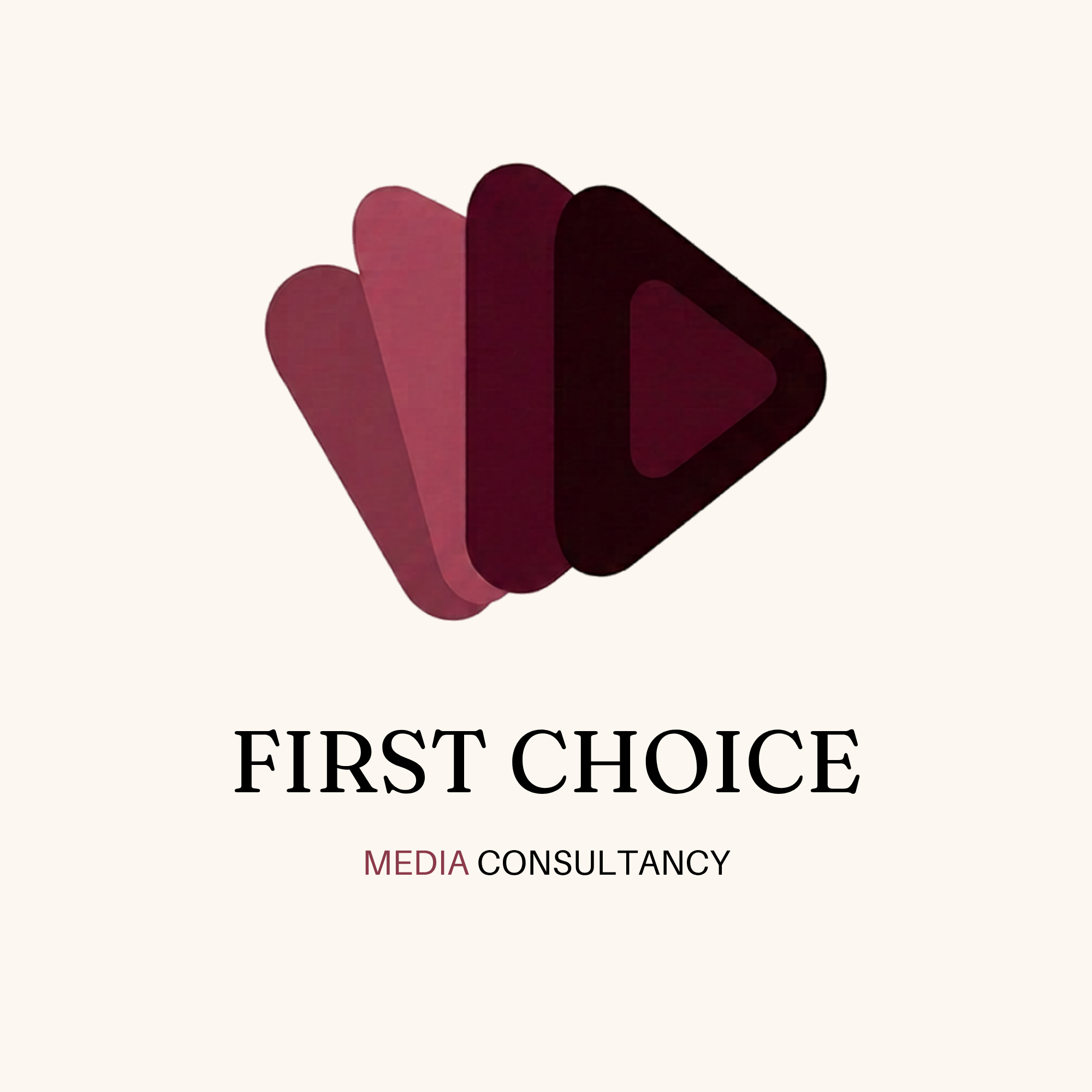 A logo for First Choice Media Consultancy featuring overlapping play button icons in shades of pink and maroon on a white background with the text 'First Choice' and 'Media Consultancy' below.
